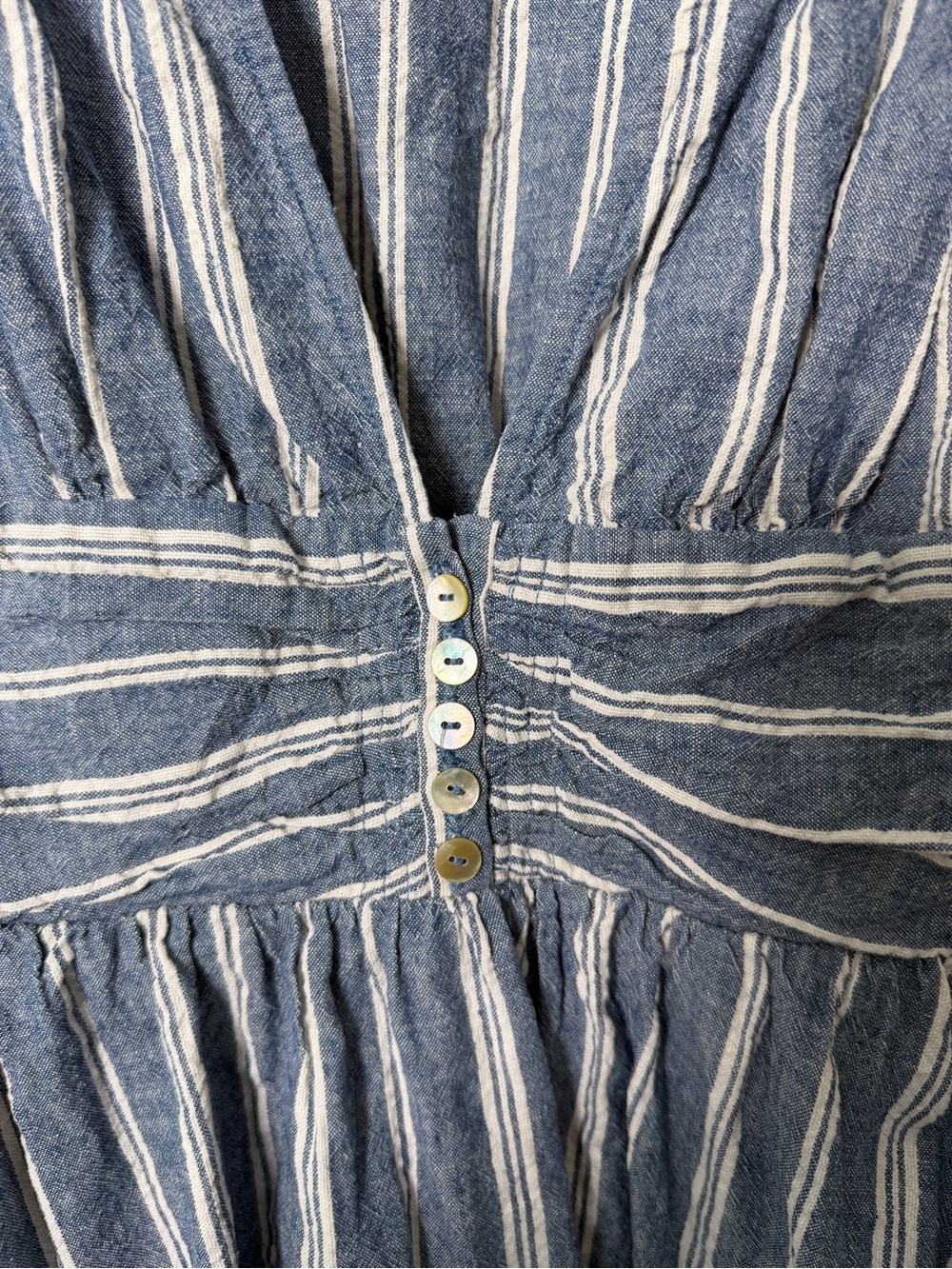 Free People Medium Blue Striped Linen Dress Deep V Neck Pockets Boho - Picture 2 of 10